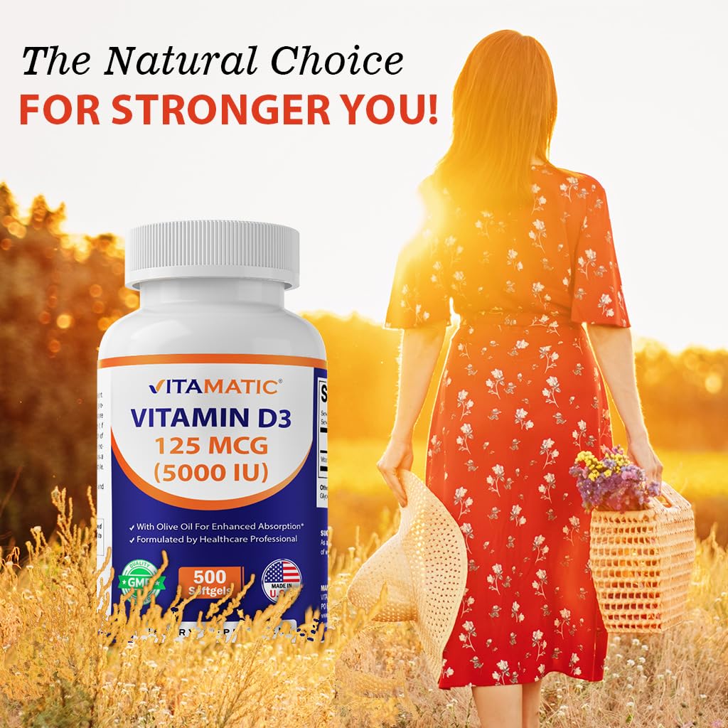 Vitamatic Vitamin D3 5000 IU (125 mcg) – 500 Softgels Olive Oil-Based Formula