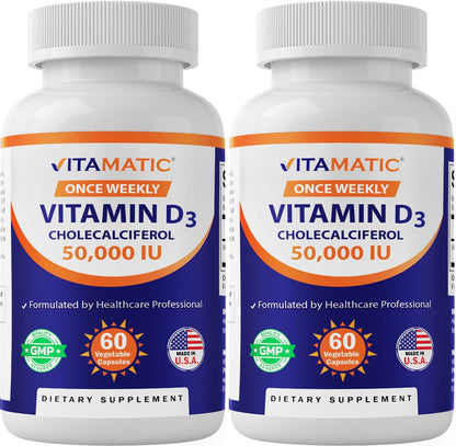 Vitamatic Vitamin D3 50K IU 2-Pack | Weekly Dose, 120 Veggie Capsules