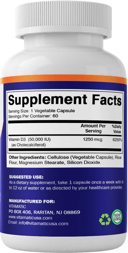 Vitamatic Vitamin D3 50K IU 2-Pack | Weekly Dose, 120 Veggie Capsules