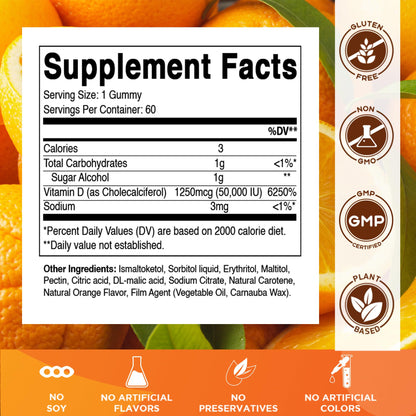 Vitamatic Sugar Free Vitamin D3 50,000 IU Weekly Gummies – 60 Pectin-Based High-Potency D3 for Bone, Teeth & Immune Support (Pack of 2)