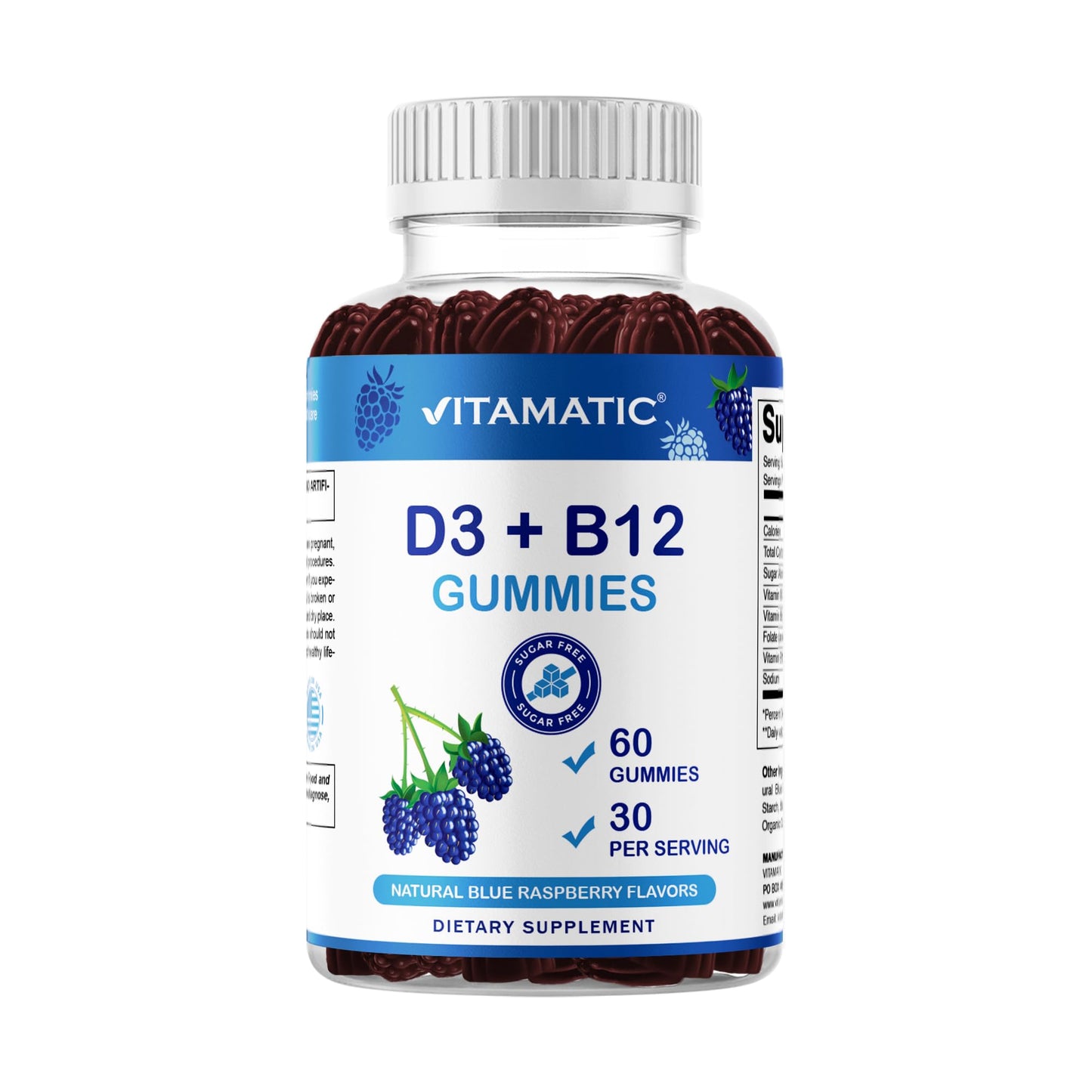 Vitamatic Vitamin D3 + B12 Gummies – Blue Raspberry, 60 Gummies | USA Made with Folate & B6