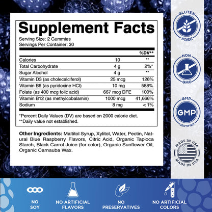 Vitamatic Vitamin D3 + B12 Gummies – Blue Raspberry, 60 Gummies | USA Made with Folate & B6