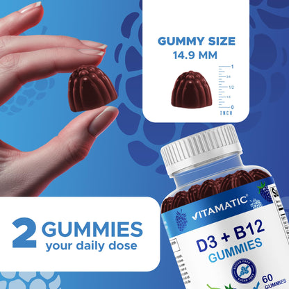 Vitamatic Vitamin D3 + B12 Gummies – Blue Raspberry, 60 Gummies | USA Made with Folate & B6