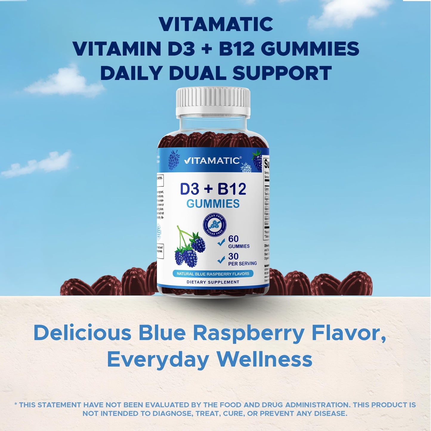 Vitamatic Vitamin D3 + B12 Gummies – Blue Raspberry, 60 Gummies | USA Made with Folate & B6
