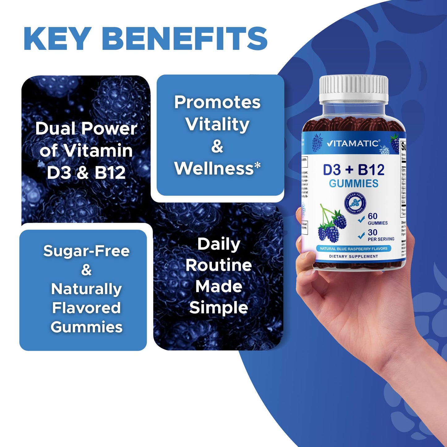 Vitamatic Vitamin D3 + B12 Gummies – Blue Raspberry, 60 Gummies | USA Made with Folate & B6