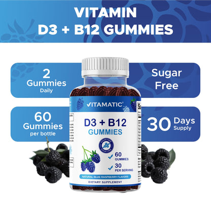 Vitamatic Vitamin D3 + B12 Gummies – Blue Raspberry, 60 Gummies | USA Made with Folate & B6