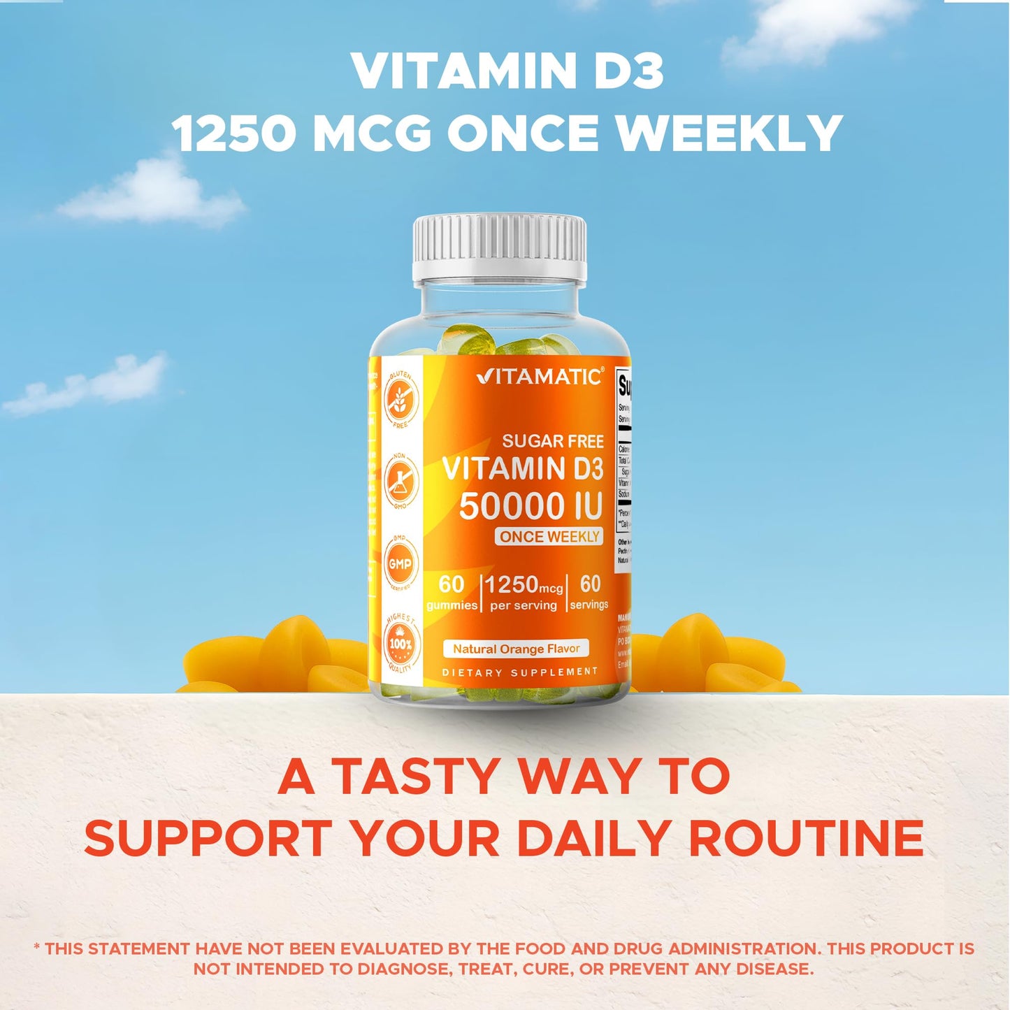 Vitamatic Sugar Free Vitamin D3 50,000 IU Weekly Gummies – 60 Pectin-Based High-Potency D3 for Bone, Teeth & Immune Support (Pack of 2)