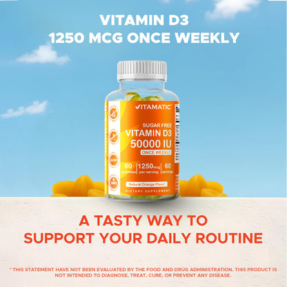 Vitamatic Sugar Free Vitamin D3 50,000 IU Weekly Gummies – 60 Pectin-Based High-Potency D3 for Bone, Teeth & Immune Support (Pack of 2)