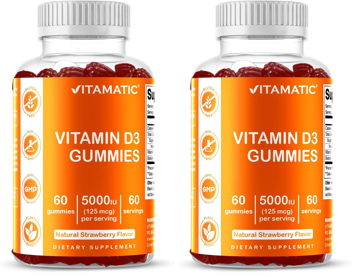 Vitamatic Vitamin D3 Gummies – 5000 IU Per Gummy | 60 Gummies Pack of 2 | Non-GMO, Gluten Free