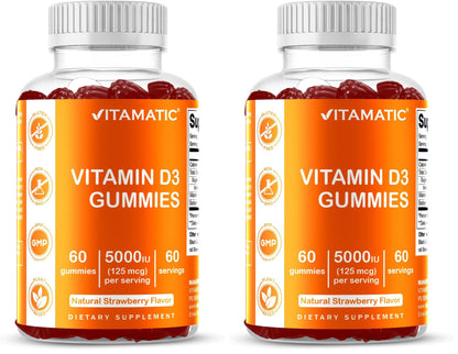 Vitamatic Vitamin D3 Gummies – 5000 IU Per Gummy | 60 Gummies Pack of 2 | Non-GMO, Gluten Free