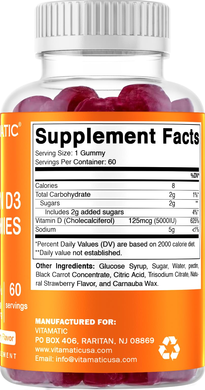 Vitamatic Vitamin D3 Gummies – 5000 IU Per Gummy | 60 Gummies Pack of 2 | Non-GMO, Gluten Free