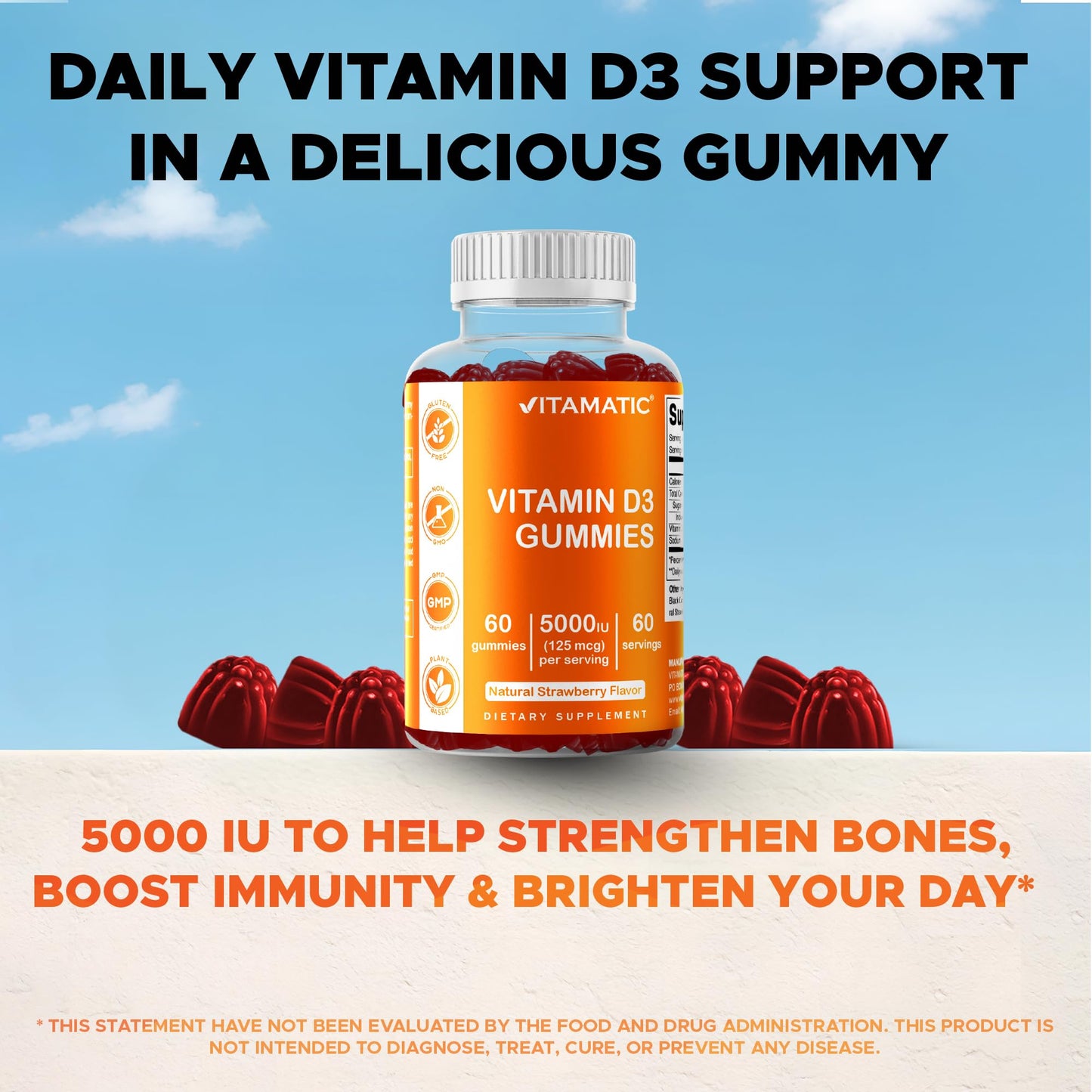 Vitamatic Vitamin D3 Gummies – 5000 IU Per Gummy | 60 Gummies Pack of 2 | Non-GMO, Gluten Free