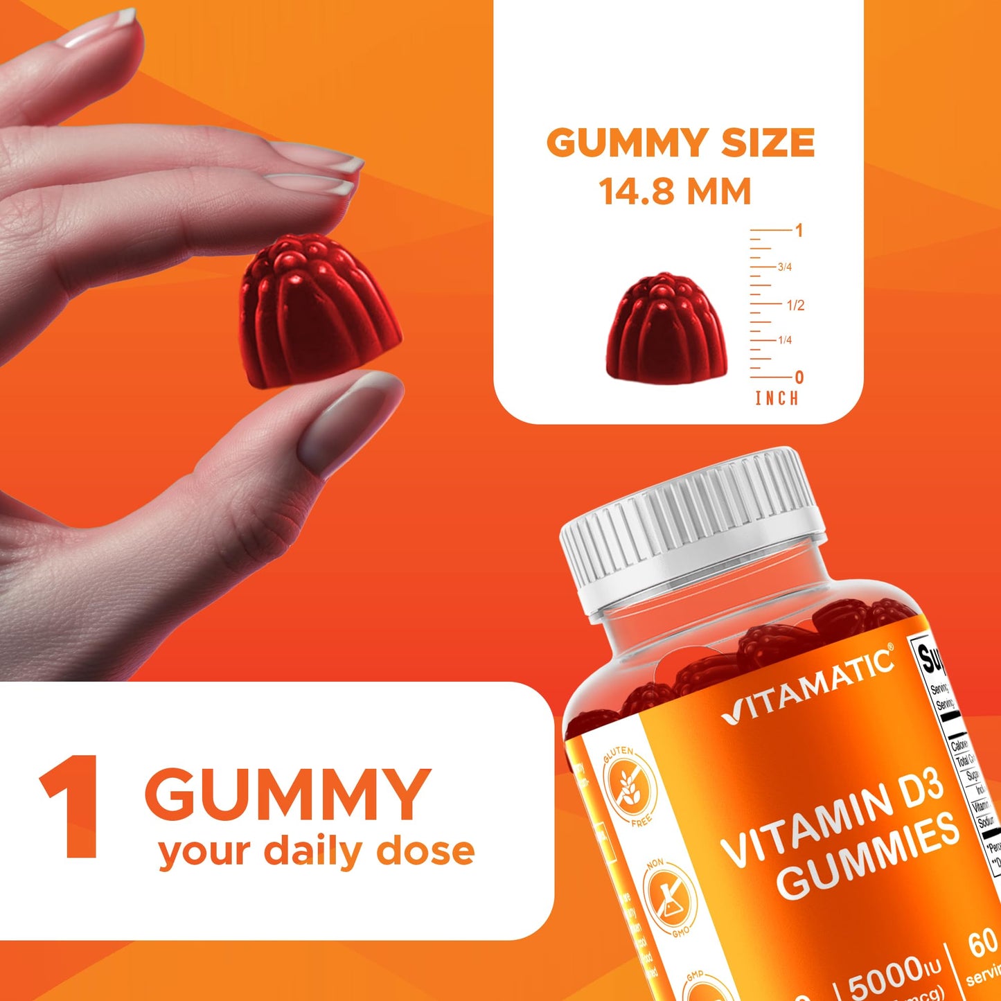 Vitamatic Vitamin D3 Gummies – 5000 IU Per Gummy | 60 Gummies Pack of 2 | Non-GMO, Gluten Free