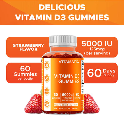 Vitamatic Vitamin D3 Gummies – 5000 IU Per Gummy | 60 Gummies Pack of 2 | Non-GMO, Gluten Free
