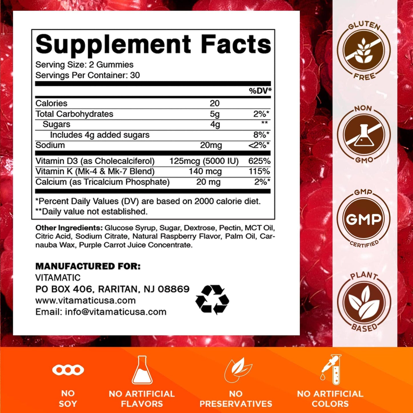 Vitamatic Vitamin D3 + K2 Gummies – 60 Count | Supports Bone, Heart & Immune Health – Promotes Calcium Absorption – Plant-Based, Non-GMO, Gluten-Free