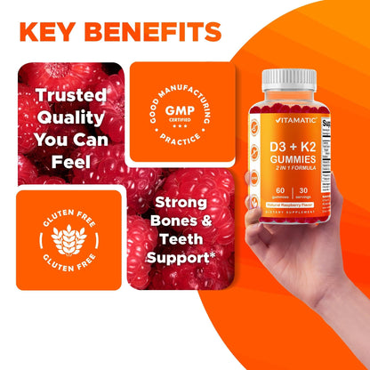 Vitamatic Vitamin D3 + K2 Gummies – 60 Count | Supports Bone, Heart & Immune Health – Promotes Calcium Absorption – Plant-Based, Non-GMO, Gluten-Free