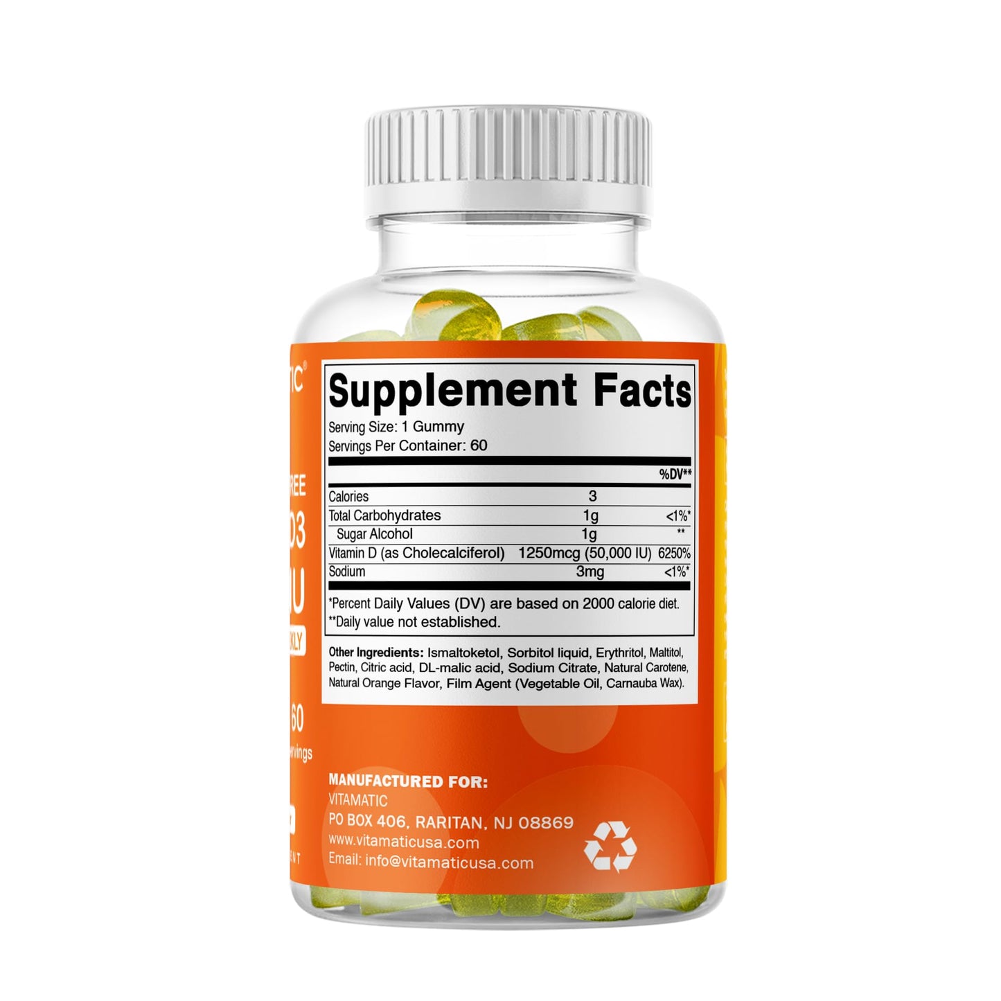 Vitamatic Sugar Free Vitamin D3 50,000 IU Weekly Gummies – 60 Pectin-Based High-Potency D3 for Bone, Teeth & Immune Support (Pack of 2)