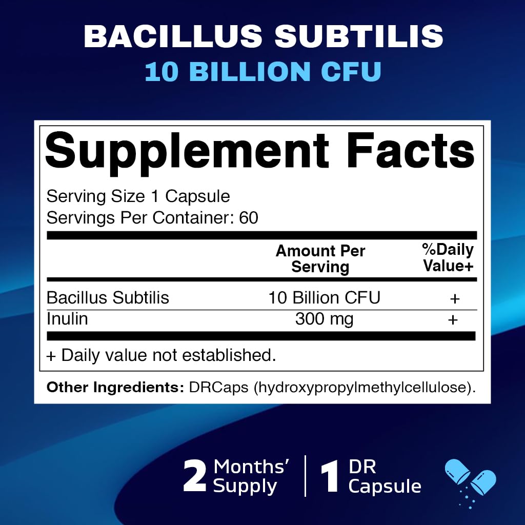Vitamatic Bacillus Subtilis 10B DR Capsule – 60 Count | Digestive & Immune Health + Prebiotic Inulin