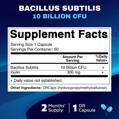 Vitamatic Bacillus Subtilis 10B DR Capsule – 60 Count | Digestive & Immune Health + Prebiotic Inulin