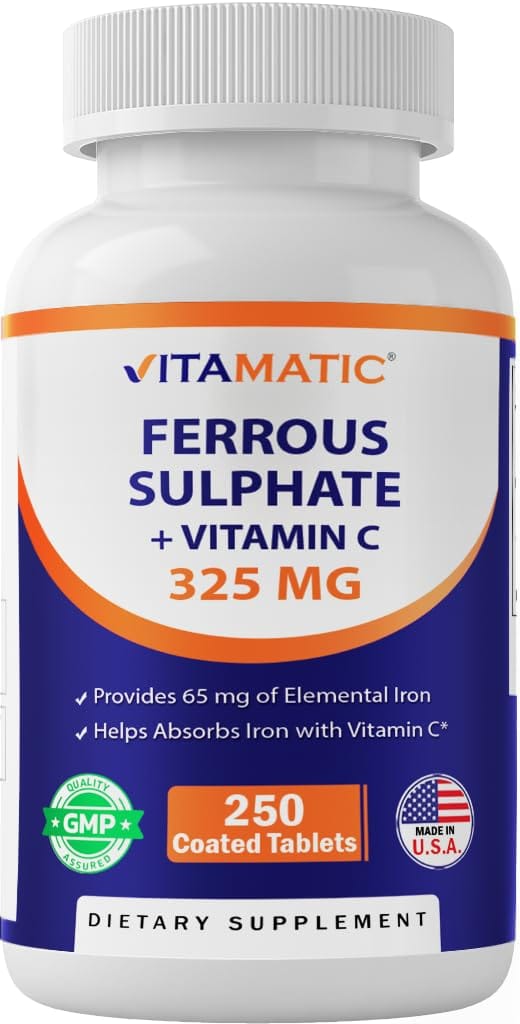 Vitamatic Ferrous Sulfate 325 mg + Vitamin C 100 mg - 65 mg Elemental Iron - 250 Tablets - Made in USA