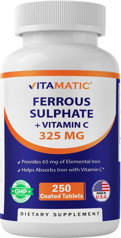 Vitamatic Ferrous Sulfate 325 mg + Vitamin C 100 mg - 65 mg Elemental Iron - 250 Tablets - Made in USA