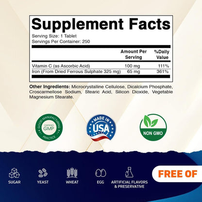 Vitamatic Ferrous Sulfate 325 mg + Vitamin C 100 mg - 65 mg Elemental Iron - 250 Tablets - Made in USA