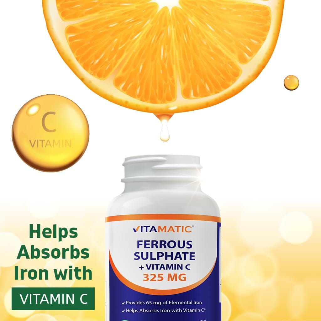 Vitamatic Ferrous Sulfate 325 mg + Vitamin C 100 mg - 65 mg Elemental Iron - 250 Tablets - Made in USA