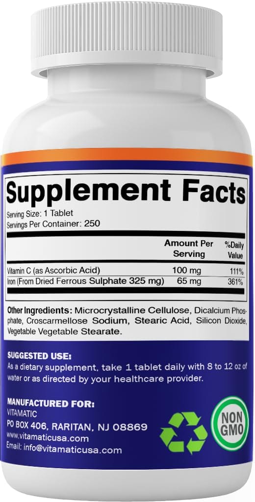 Vitamatic Ferrous Sulfate 325 mg + Vitamin C 100 mg - 65 mg Elemental Iron - 250 Tablets - Made in USA