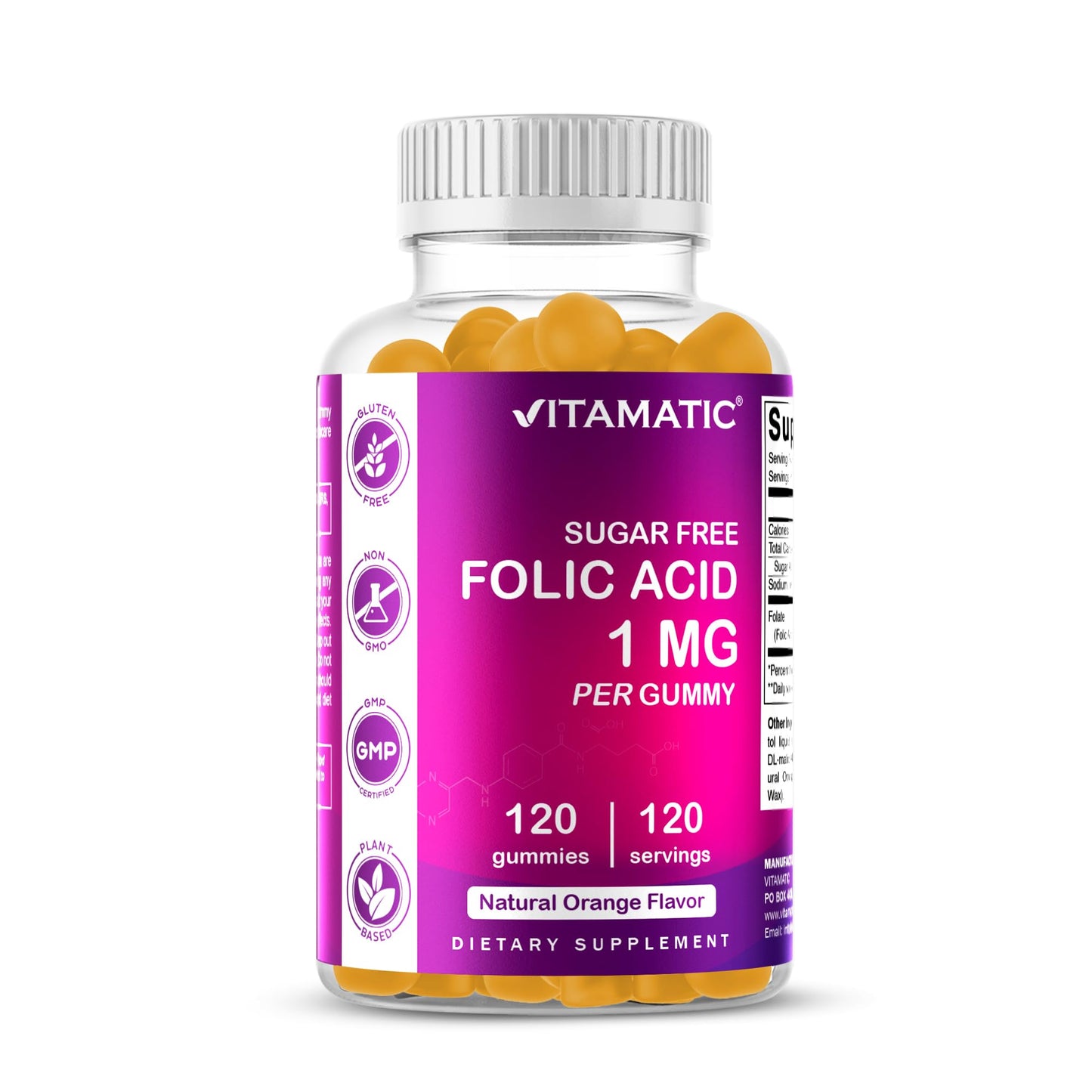 Vitamatic Folic Acid Gummies 1000 mcg – Prenatal Vitamin B9 for Mom & Baby | Vegan 120 Gummies