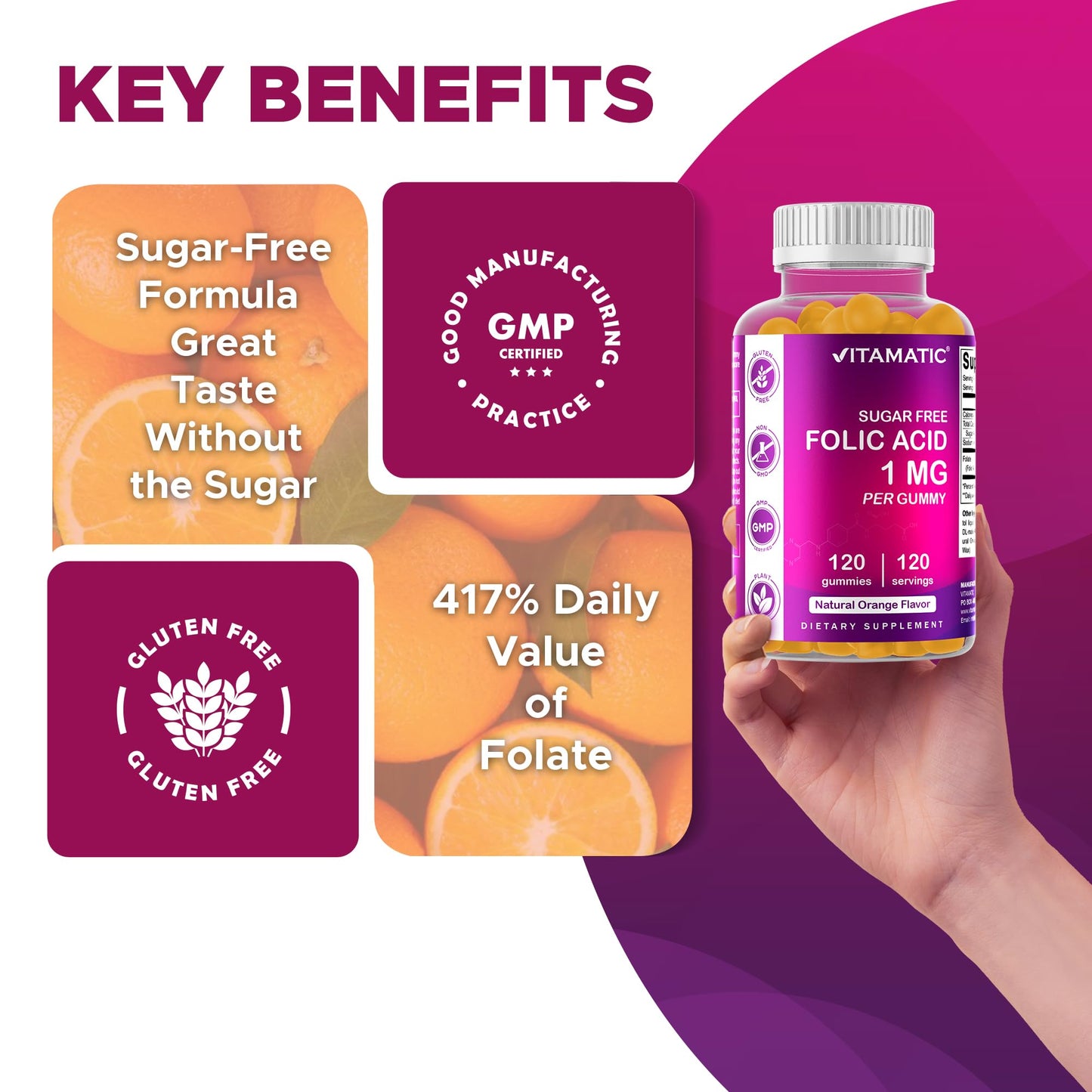 Vitamatic Folic Acid Gummies 1000 mcg – Prenatal Vitamin B9 for Mom & Baby | Vegan 120 Gummies