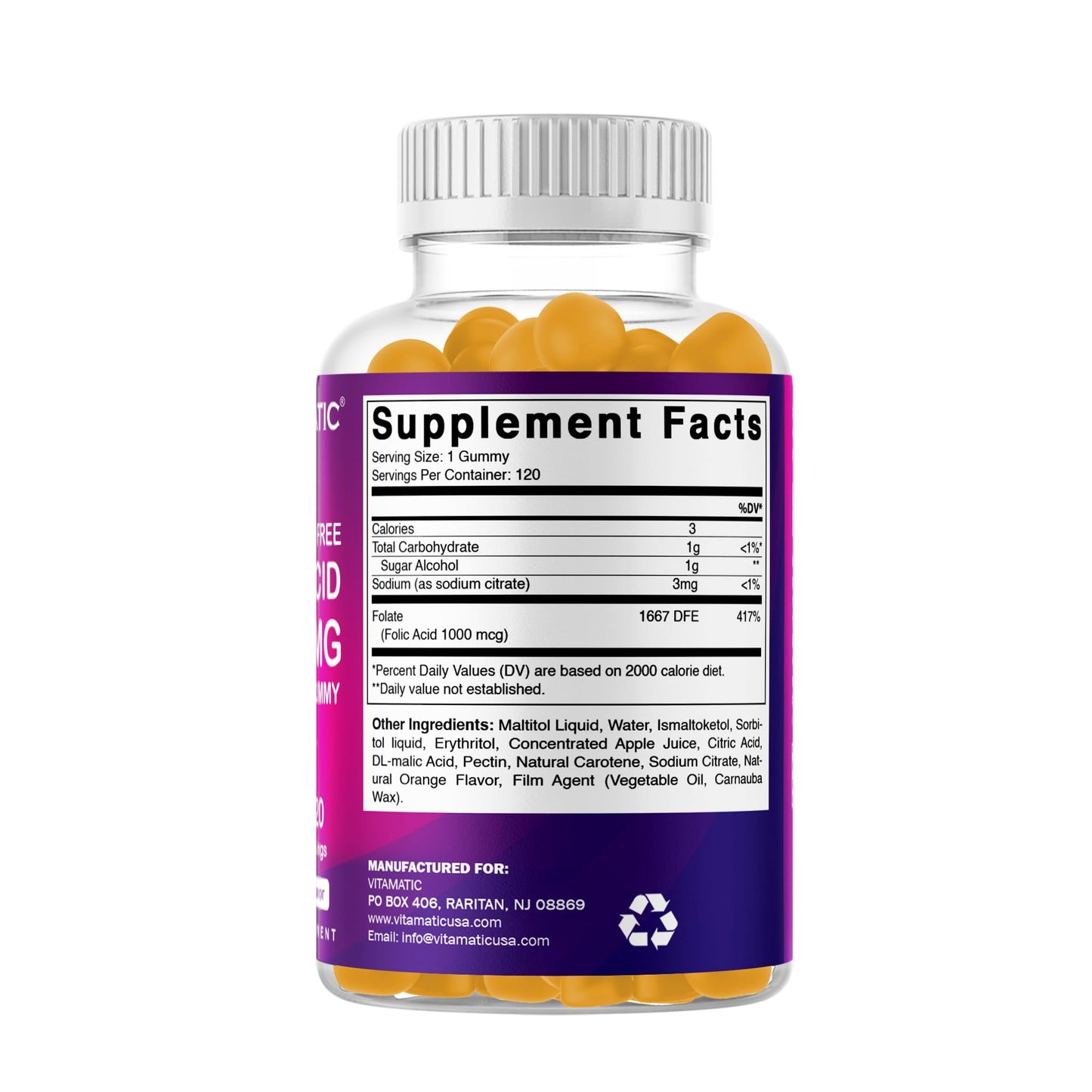 Vitamatic Folic Acid Gummies 1000 mcg – Prenatal Vitamin B9 for Mom & Baby | Vegan 120 Gummies