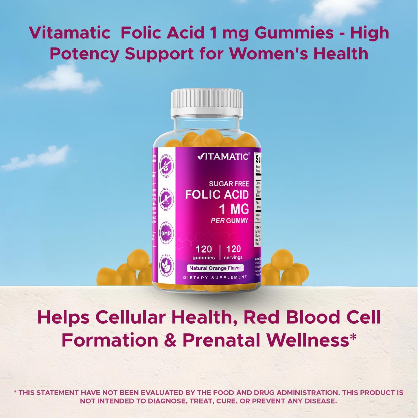 Vitamatic Folic Acid Gummies 1000 mcg – Prenatal Vitamin B9 for Mom & Baby | Vegan 120 Gummies