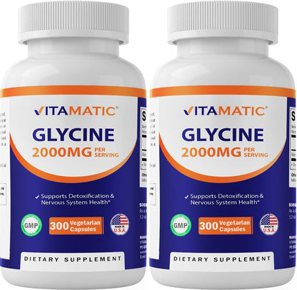 Vitamatic Glycine 2000mg – 300 Count, Non-GMO, Gluten Free (2 Pack)