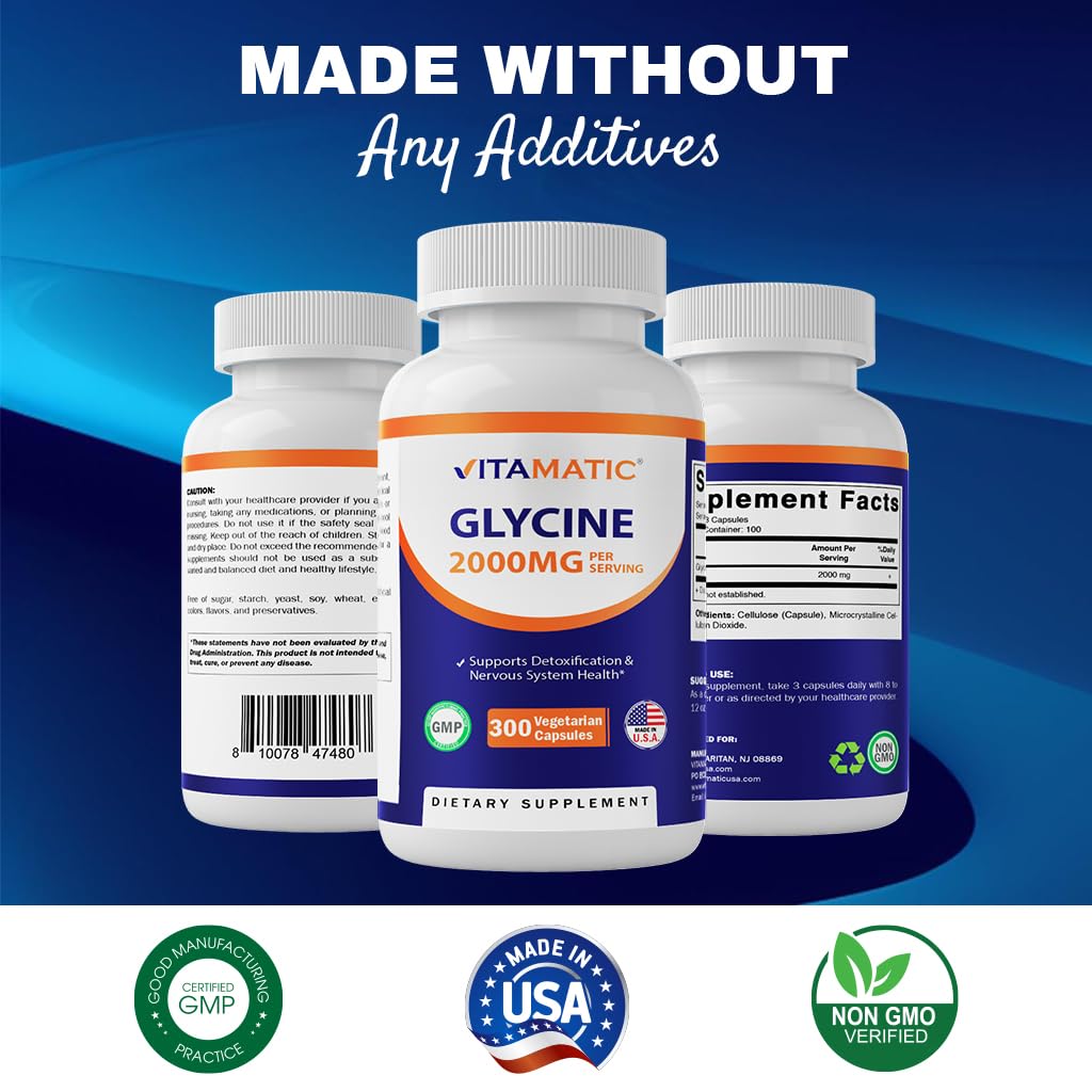 Vitamatic Glycine 2000mg – 300 Count, Non-GMO, Gluten Free (2 Pack)