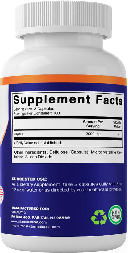 Vitamatic Glycine 2000mg – 300 Count, Non-GMO, Gluten Free (2 Pack)