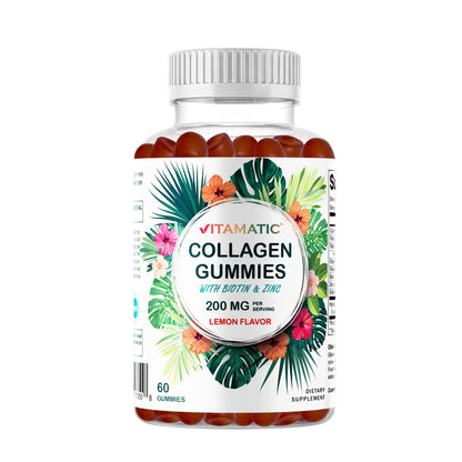 Vitamatic Hydrolyzed Collagen Gummies with Vitamin C, Zinc & Biotin – Healthy Skin Support, 60 Gummies