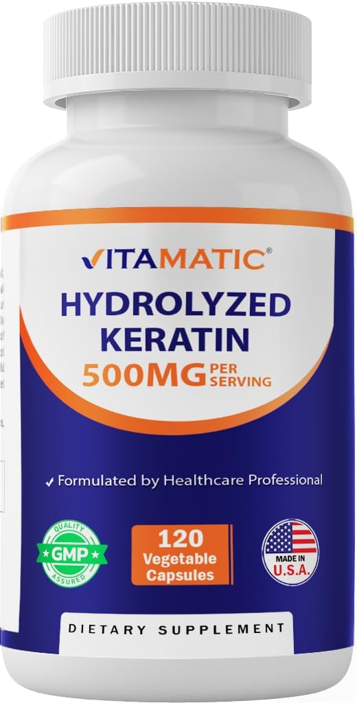 Vitamatic Hydrolyzed Keratin 500mg – 120 Vegetarian Capsules for Healthy Hair, Skin & Nails (Adults)