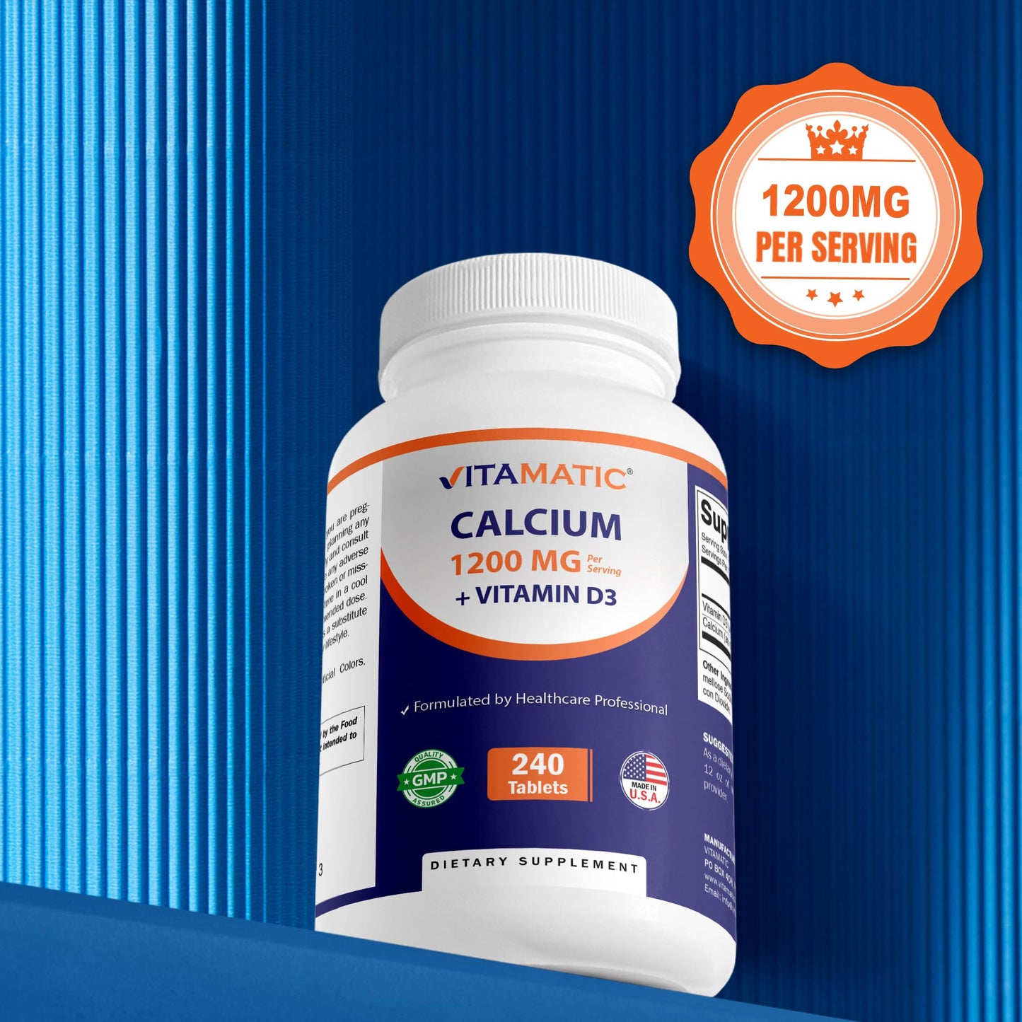 Vitamatic Calcium 1200mg + Vitamin D3 2000 IU – Bone & Immune Support (240 Tablets) – Non-GMO, Gluten-Free