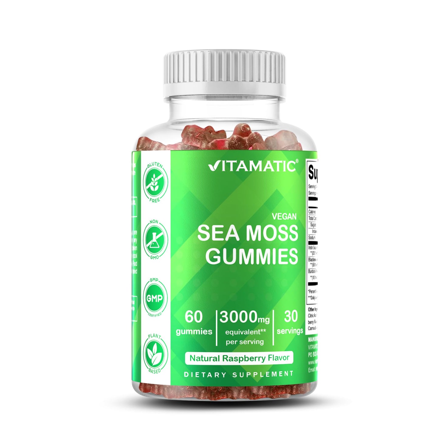 Vitamatic Irish Sea Moss Gummies – 60 Ct | 3000mg Equivalent Per Serving (from Extract 132.5mg) | Bladderwrack & Burdock Root