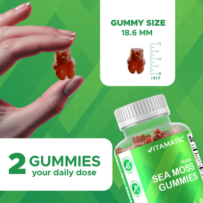 Vitamatic Irish Sea Moss Gummies – 60 Ct | 3000mg Equivalent Per Serving (from Extract 132.5mg) | Bladderwrack & Burdock Root