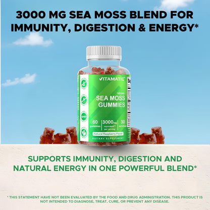 Vitamatic Irish Sea Moss Gummies – 60 Ct | 3000mg Equivalent Per Serving (from Extract 132.5mg) | Bladderwrack & Burdock Root