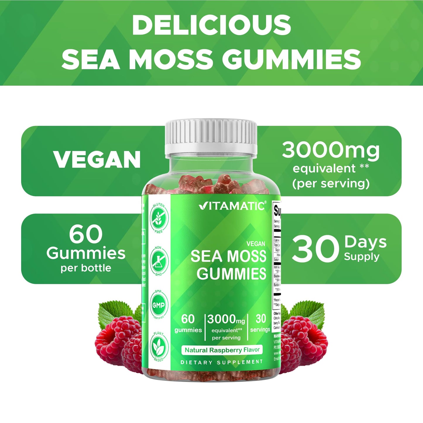 Vitamatic Irish Sea Moss Gummies – 60 Ct | 3000mg Equivalent Per Serving (from Extract 132.5mg) | Bladderwrack & Burdock Root