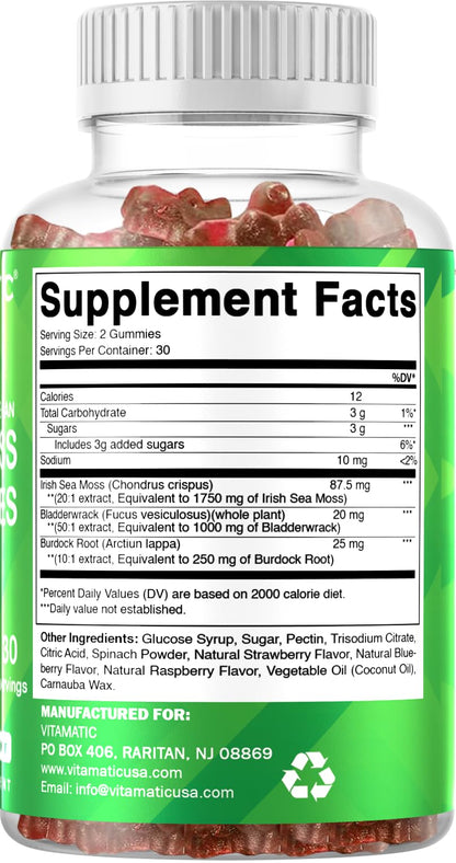 Vitamatic Irish Sea Moss Gummies – 60 Ct | 3000mg Equivalent Per Serving (from Extract 132.5mg) | Bladderwrack & Burdock Root