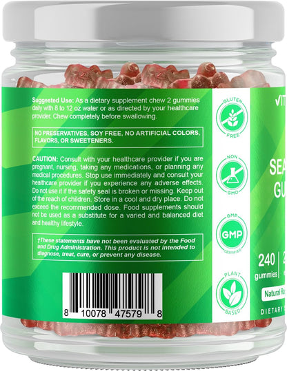 Vitamatic Irish Sea Moss Gummies mg - 240 Vegan Gummies - Made with Bladderwrack & Burdock Root - Seamoss Supplement - Gluten Free & Non-GMO