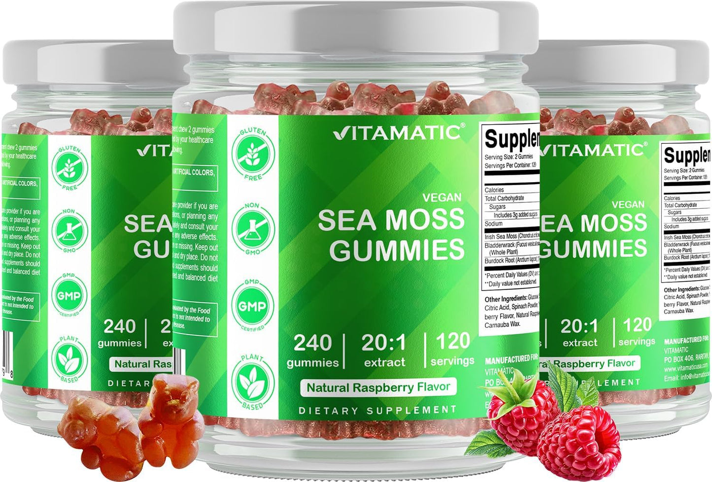 Vitamatic Irish Sea Moss Gummies mg - 240 Vegan Gummies - Made with Bladderwrack & Burdock Root - Seamoss Supplement - Gluten Free & Non-GMO