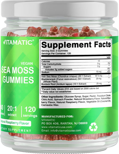 Vitamatic Irish Sea Moss Gummies mg - 240 Vegan Gummies - Made with Bladderwrack & Burdock Root - Seamoss Supplement - Gluten Free & Non-GMO