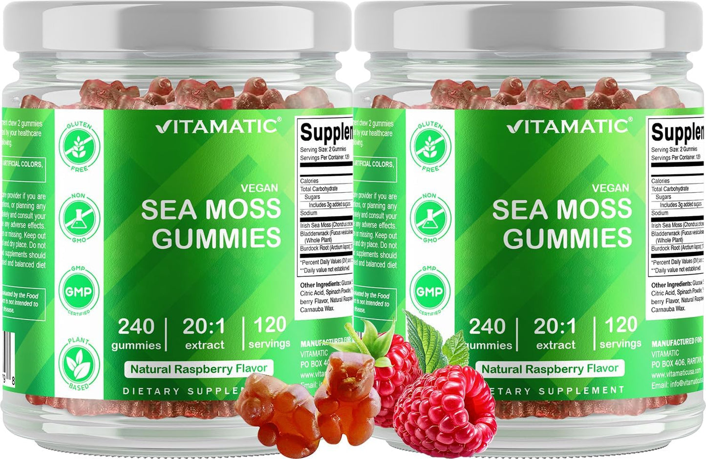 Vitamatic Irish Sea Moss Gummies mg - 240 Vegan Gummies - Made with Bladderwrack & Burdock Root - Seamoss Supplement - Gluten Free & Non-GMO