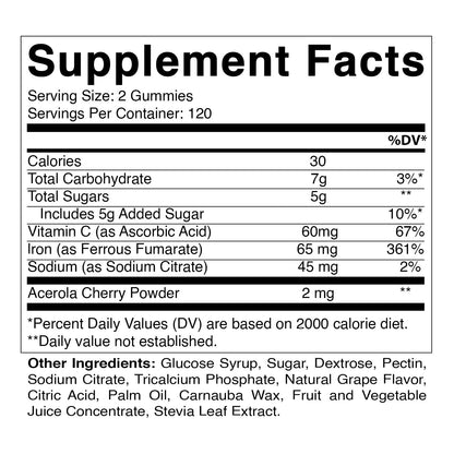 Vitamatic Iron 65 mg Gummies – 240 Vegan Iron Gummies with Vitamin C