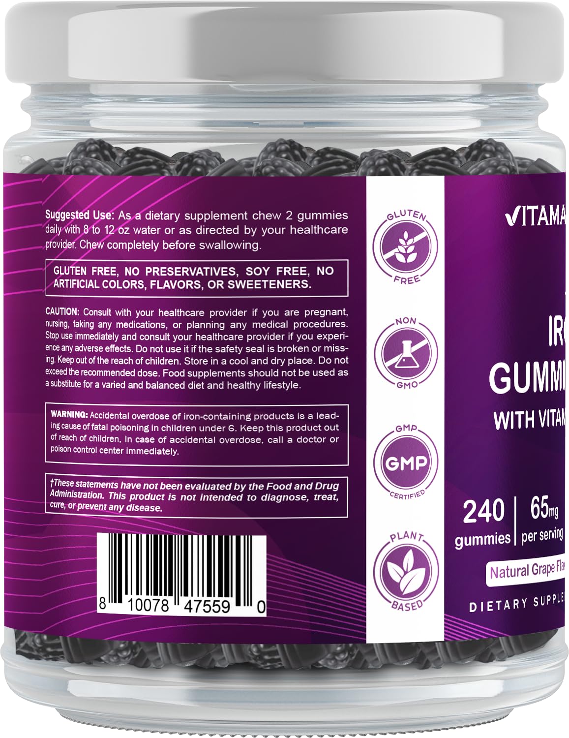 Vitamatic Iron 65 mg Gummies – 240 Vegan Iron Gummies with Vitamin C