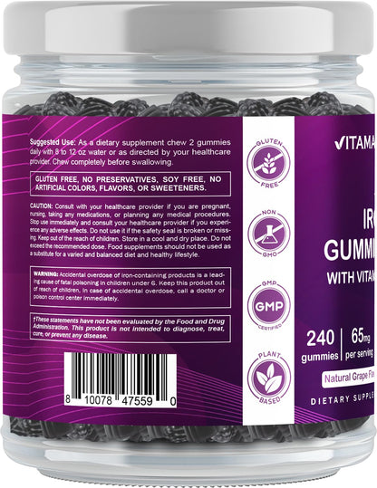 Vitamatic Iron 65 mg Gummies – 240 Vegan Iron Gummies with Vitamin C